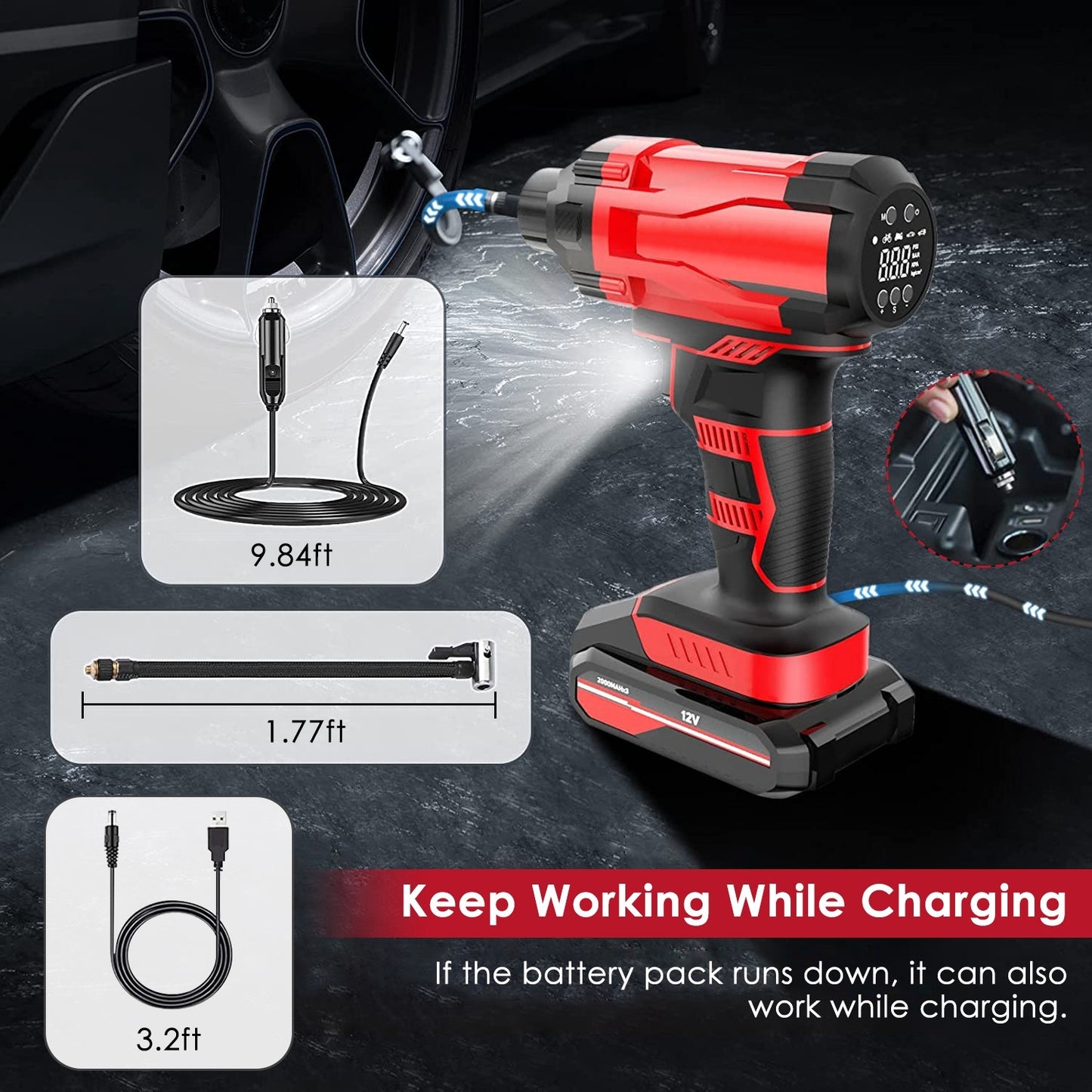 1Pc 150PSI Cordless Car Tire Inflator Rechargeable 2V Portable Electric Air Compressor With LED Light For Car Bike Motorcycle Ball