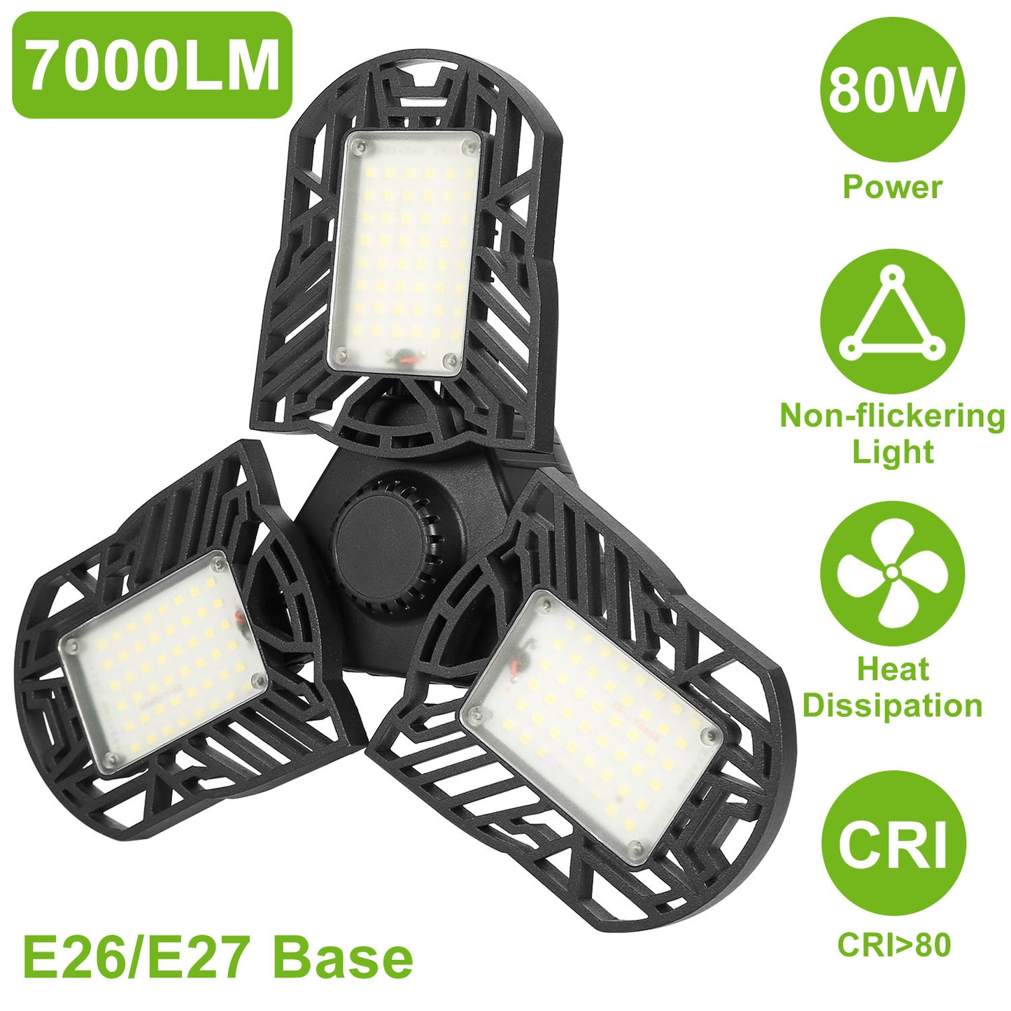 LED Garage Light E26 E27 80W 7000LM 6500K Garage Ceiling Light Deformable Workshop Lamp Die Cast Aluminum LED Ceiling Light Bulbs With 3 Adjustable Panels For Barn Shop Warehouse Workshop C