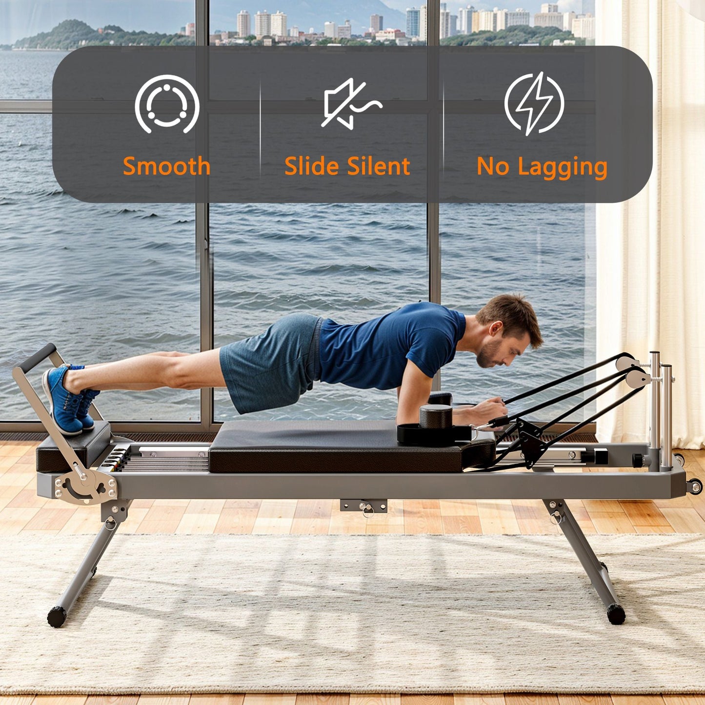 Extra Large Multi-Functional Pilates Reformer Machine With Dynamic Resistance Cords And Aerobic Rebounder, Black (SAK32879)