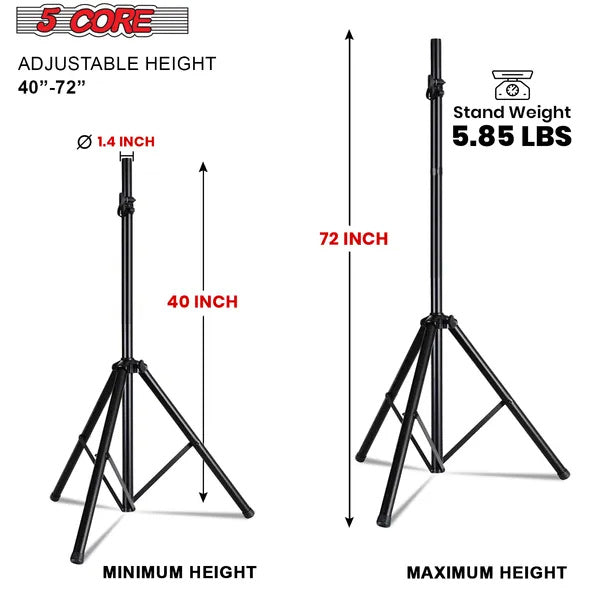 5 Core Speaker Stand Tripod Pair Floor Heavy Duty Adjustable Up To 72 Inch DJ Studio Monitor Stands Pole Mount - SS HD 2PK BLK BAG