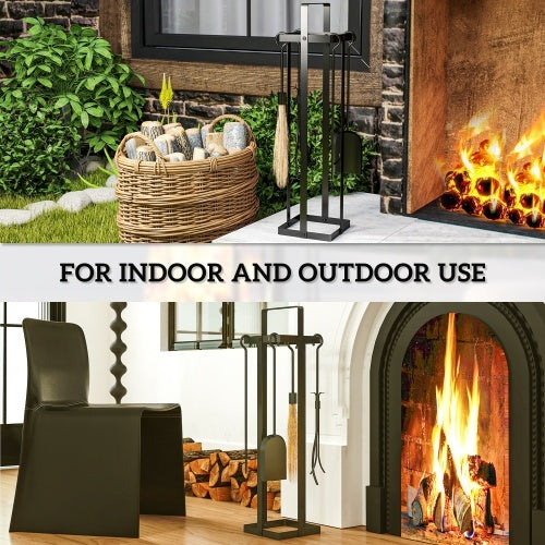 Outsunny Fireplace Tools Set Indoor Outdoor 5 Piece Heavy Duty Metal Fireplace Accessories Set With Brush Broom, Poker, Shovel, Tongs And Stand For Chimney, Black On-Site