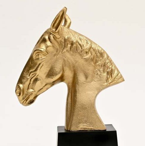 Graceful Gold Polished Aluminum Horse Sculpture On Black Base 10x6x10.75inch Table Decor Animal Figurine