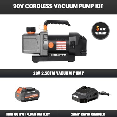 Cordless 2.5CFM Vacuum Pump Kit Compatible With De Walt 20V Max Battery, 80W Single Stage, Battery Powered By 4.0ah Battery, 220ml Oil Bottle, Automotive HVAC Vacuum Pump, R134a, R410a, R22