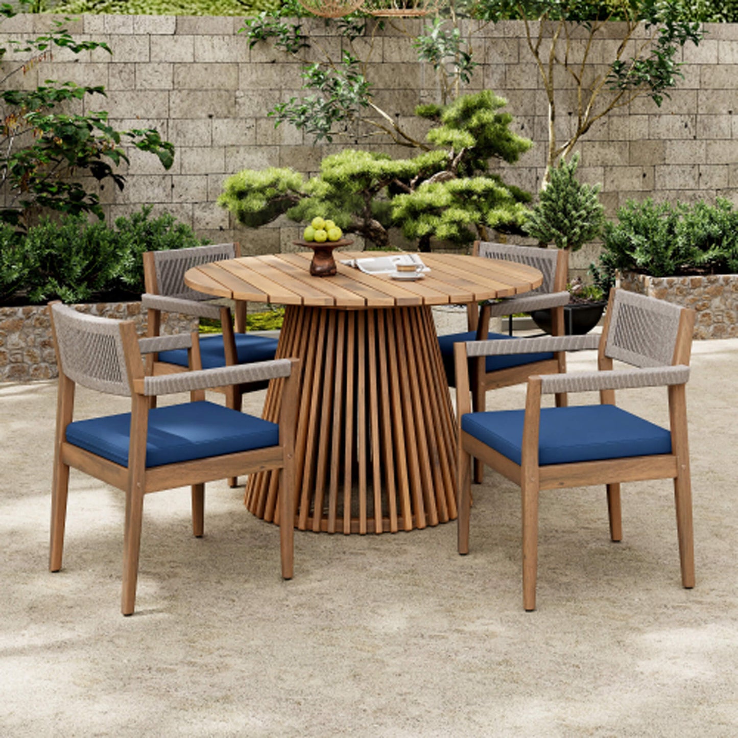 Premium 5-Piece Outdoor Acacia Wood Patio Furniture Set With Braided Dining Chairs, Cushions, And Dining Table (SAK26754)