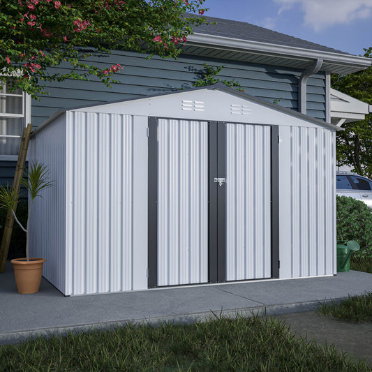 10X8 FT Outdoor Storage Shed, All Weather Metal Sheds With Lockable Doors, Tool Shed For Garden, Patio, Backyard, Lawn, White