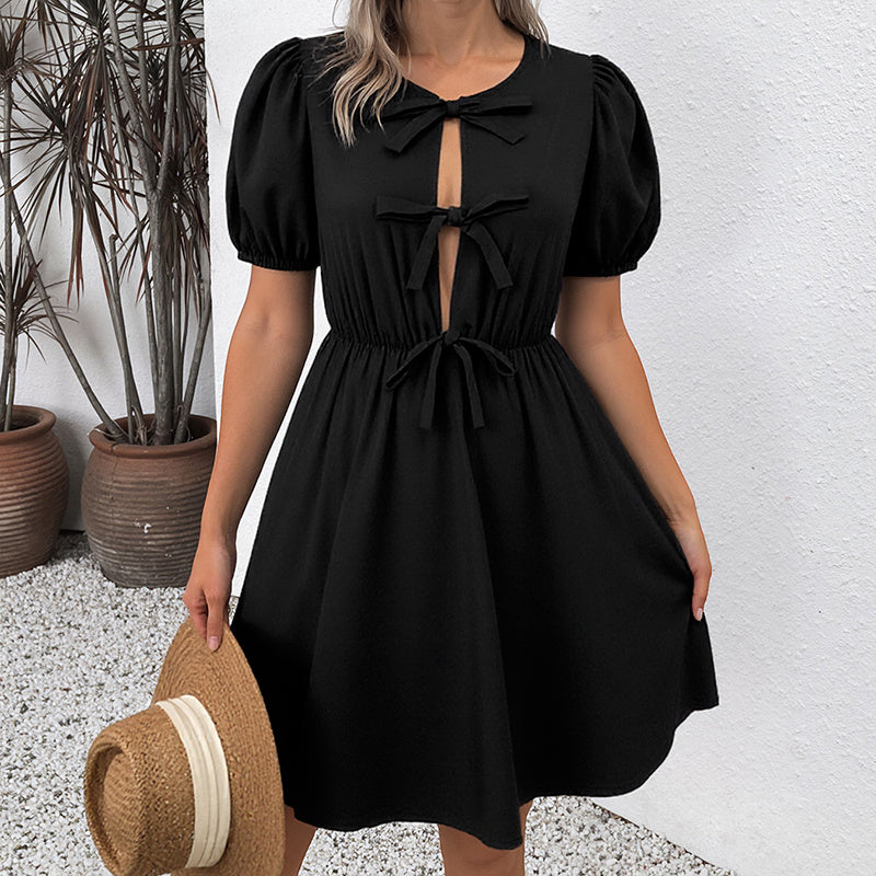 Women's Striped Tie Front Puff Sleeve Summer Casual Mini Dresses Loose Flowy Sundress