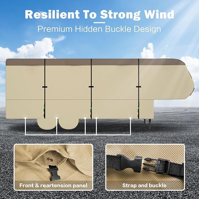 5th Wheel RV Cover Waterproof Camper Cover With 4 Trailer Tire Covers, Tongue Jack Cover, Gutter Cover And Extra Windproof Ropes, 7 Layers Top 3 Layers Side