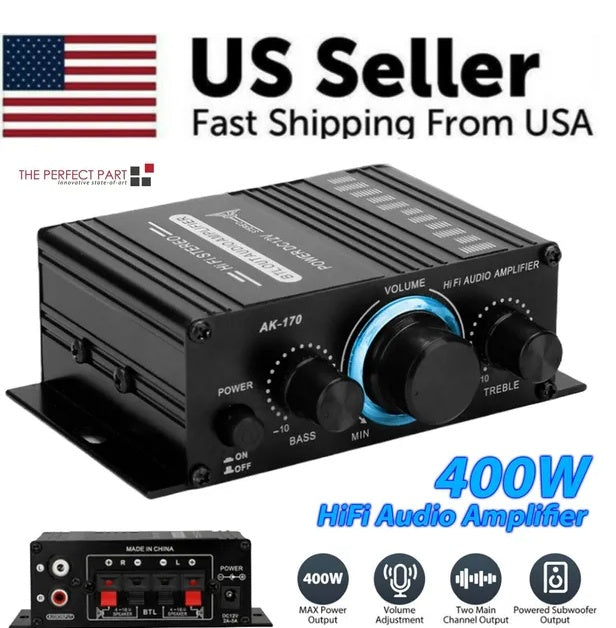 400W 12V 2 Channel Powerful Stereo Audio Power Amplifier HiFi Bass Amp Car Home