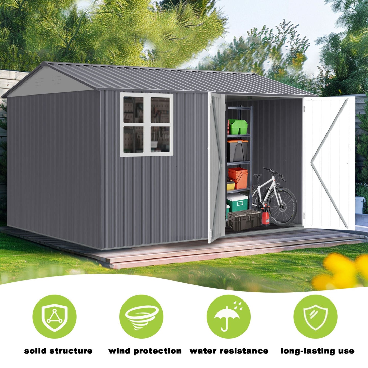 [08X10FT] Outdoor Garden Tool Shed With Thickened Galvanized Steel, Sloped Roof, Vents And Double Lockable Doors (SAK66582)