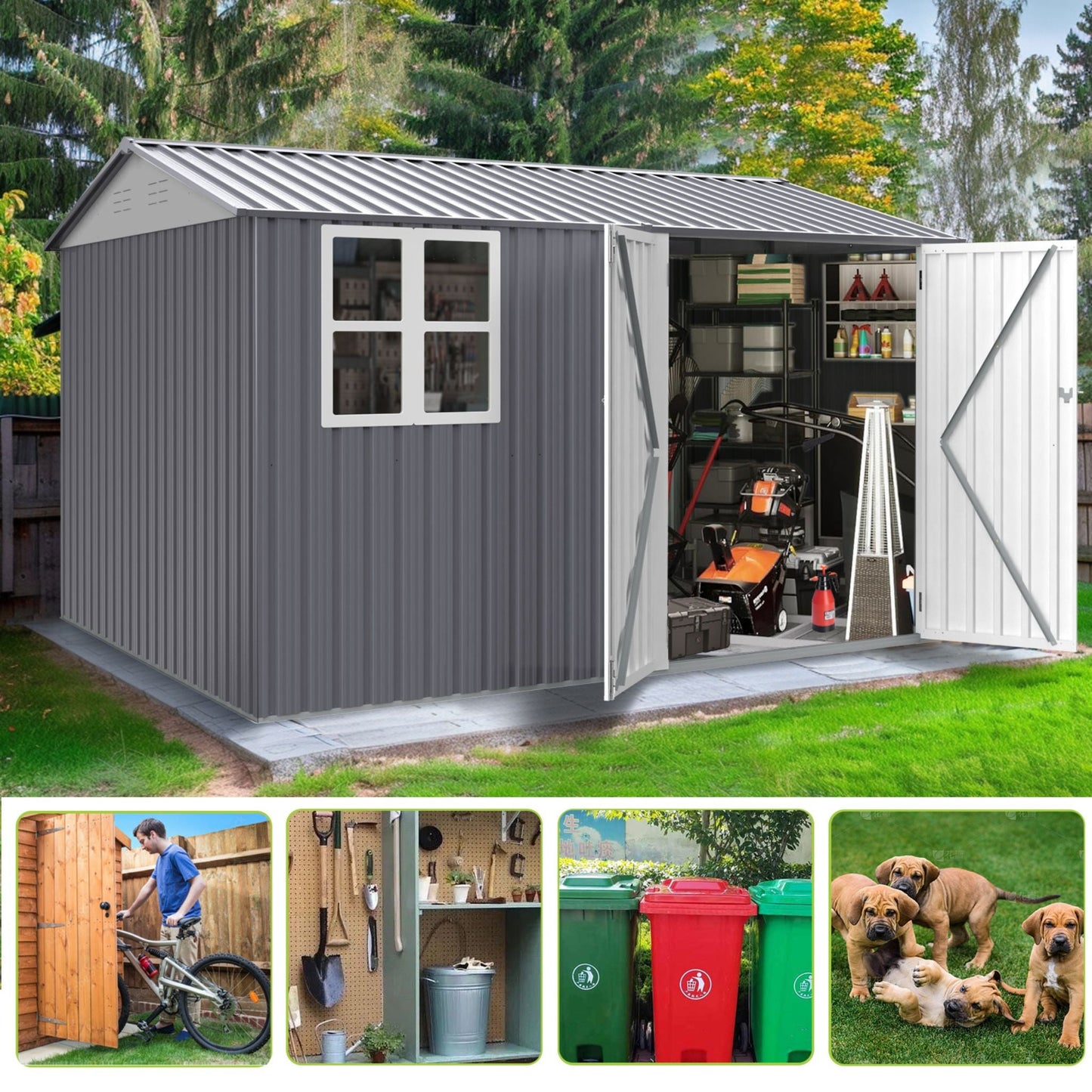 [08X10FT] Outdoor Garden Tool Shed With Thickened Galvanized Steel, Sloped Roof, Vents And Double Lockable Doors (SAK66582)