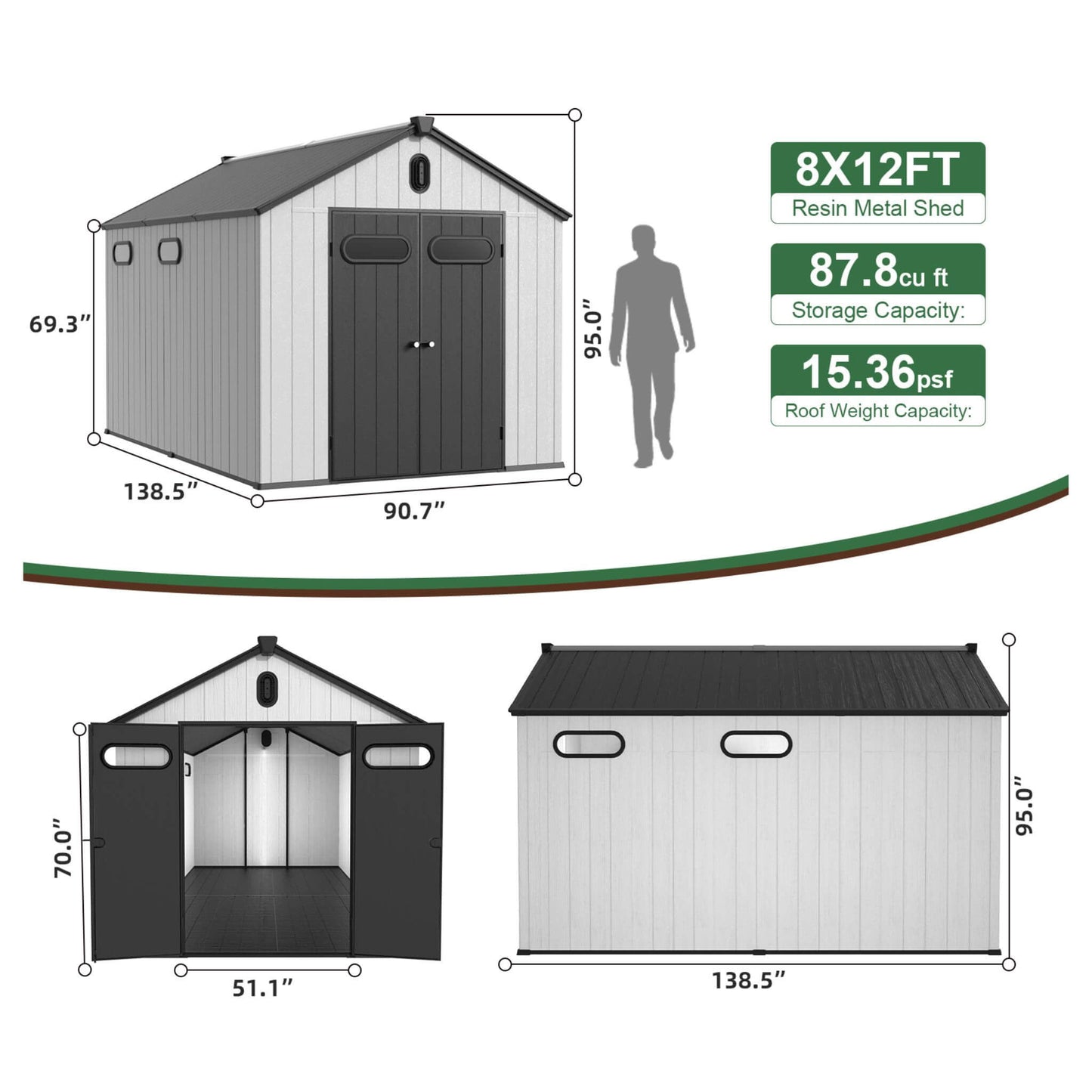 [08X12FT] Large Polypropylene Storage Shed With Reinforced Floor And Lockable Swing Doors (SAK07451)