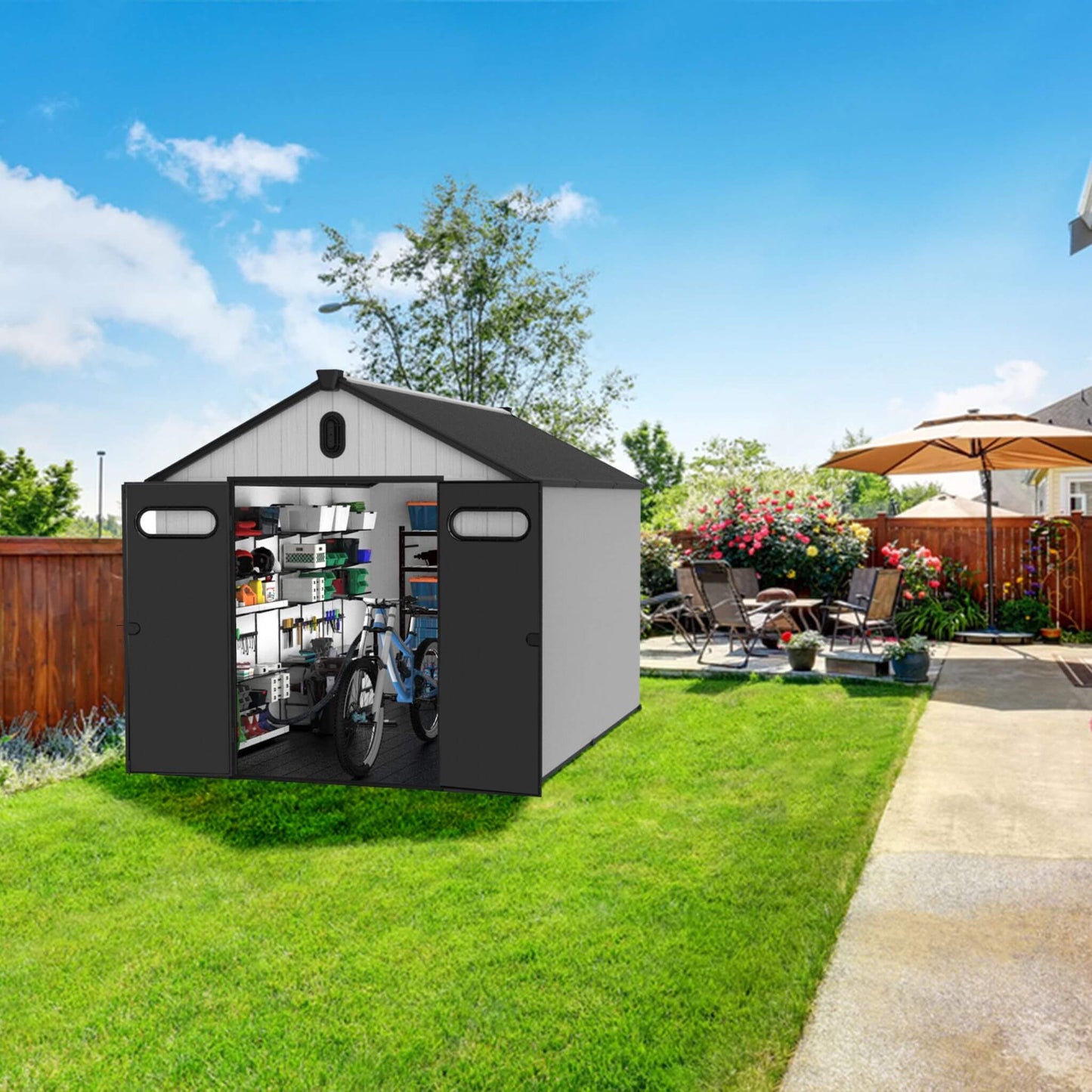 [08X12FT] Large Polypropylene Storage Shed With Reinforced Floor And Lockable Swing Doors (SAK07451)