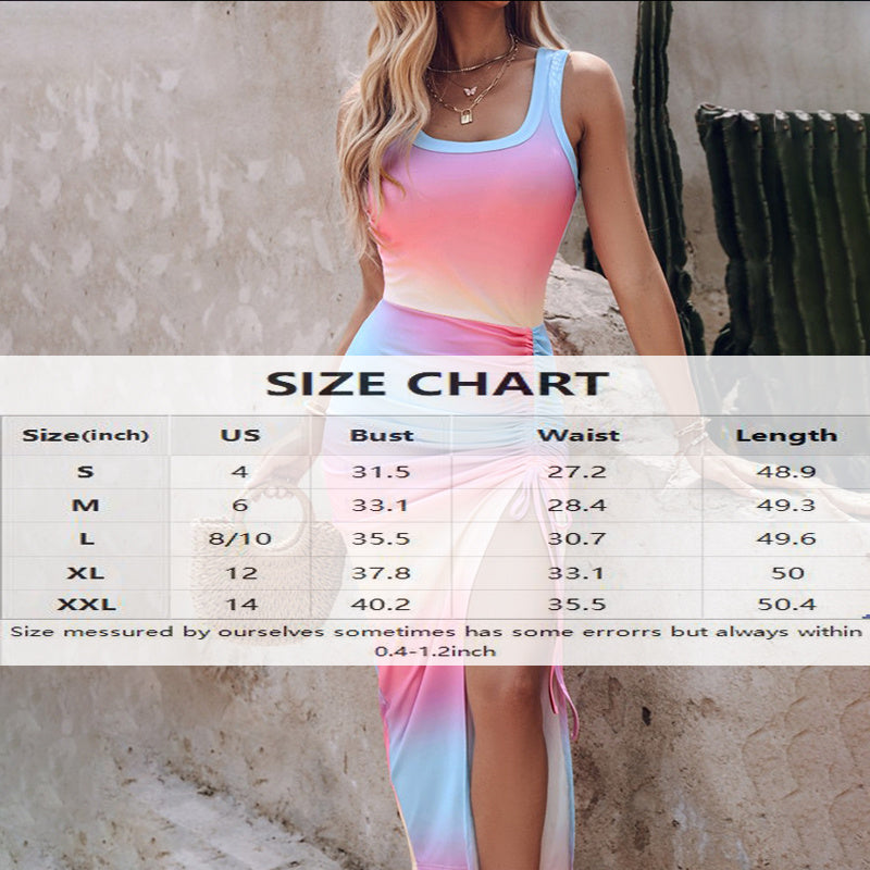 Women's Sleeveless Bodycon Dress - Round Neck Waist Ruffled Side Slit Tight Long Dress