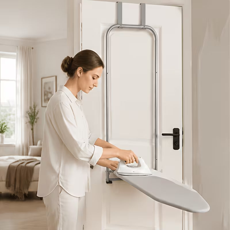 Over-the-Door Hanging Foldable Ironing Board with Iron Rest