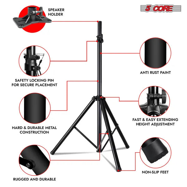 5 Core Speaker Stand Tripod Pair Floor Heavy Duty Adjustable Up To 72 Inch DJ Studio Monitor Stands Pole Mount - SS HD 2PK BLK BAG