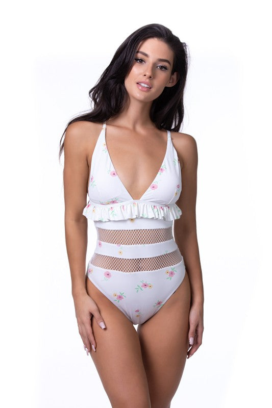 Beige Floral Ruffled Trim Mesh One Piece Swimsuit