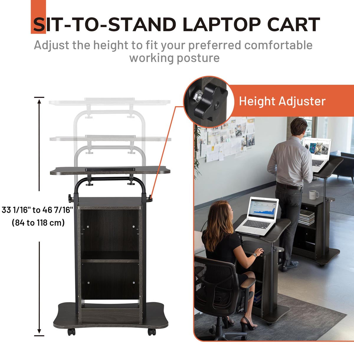Height-Adjustable Rolling Laptop Cart with Storage