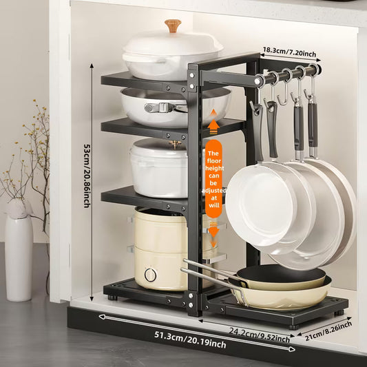 5-Tier Adjustable Carbon Steel Pot and Utensil Storage Rack with Hooks