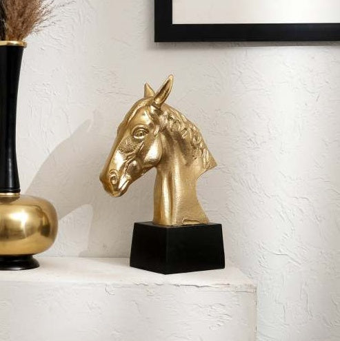 Graceful Gold Polished Aluminum Horse Sculpture On Black Base 10x6x10.75inch Table Decor Animal Figurine