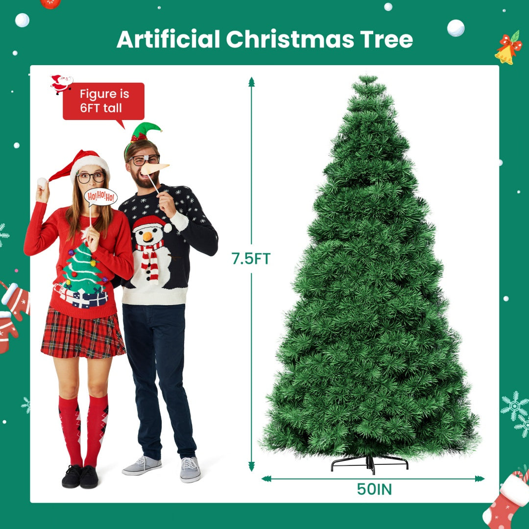 Pre-lit Artificial Christmas Tree, Prelighted Green Artificial Hinged Spruce Xmas Tree With 347 Branch Tips, 120 Incandescent Lights