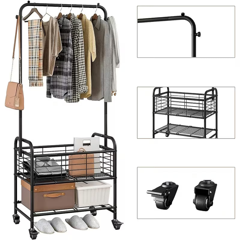 Metal Rolling Laundry Cart with Hanging Rack and Storage Shelf