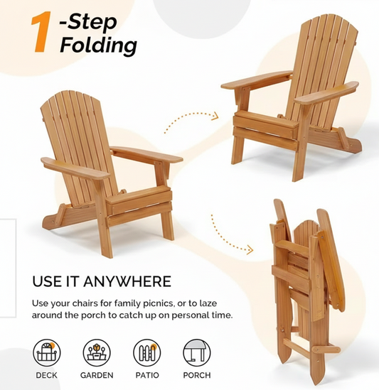 Folding Adirondack Chair – Outdoor Patio Yard Deck Beach Lawn