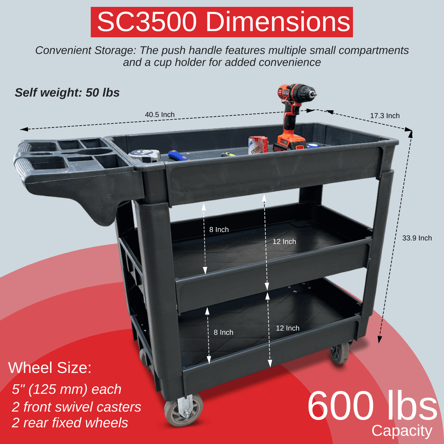 Heavy Duty Rolling Utility Service Cart for Warehouse/Garage/Restaurants/Offices, HDPE Shelves, 5" Caster Wheels