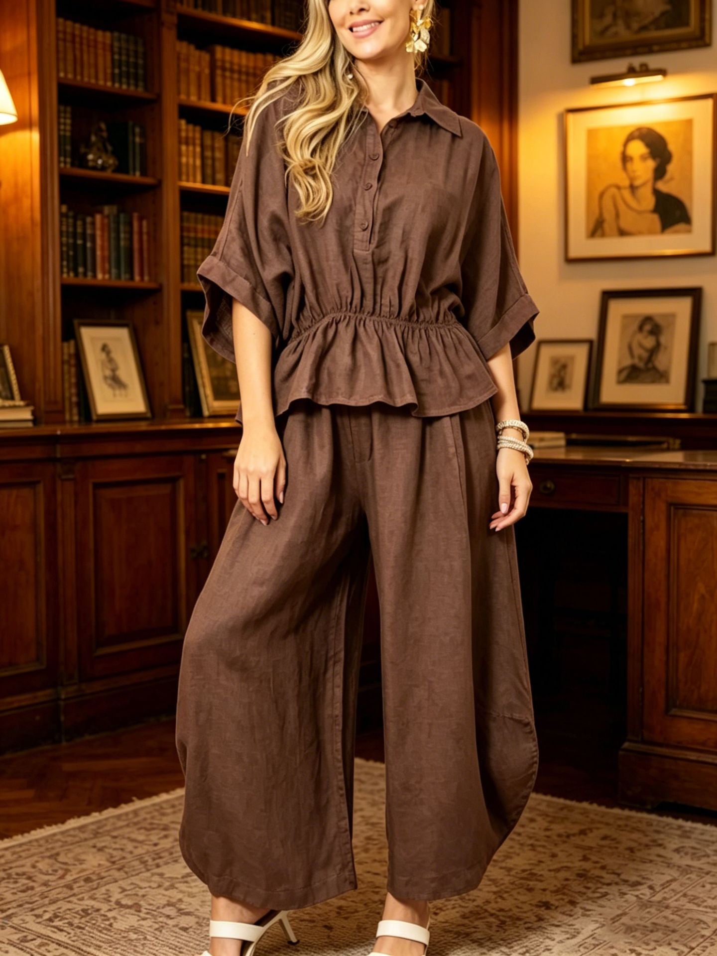 Women's Plus Size Belted Shirt & Wide-Leg Pants Two-Piece Set