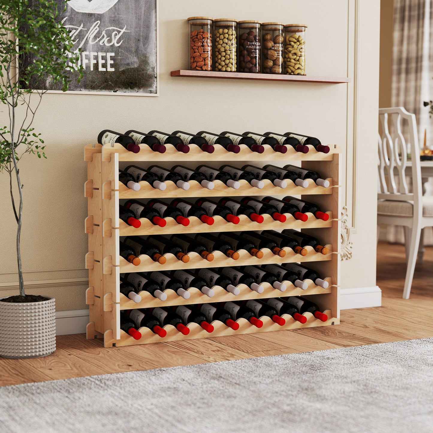 54-Bottle Wine Rack, Freestanding Wood Storage Display Shelf - Natural