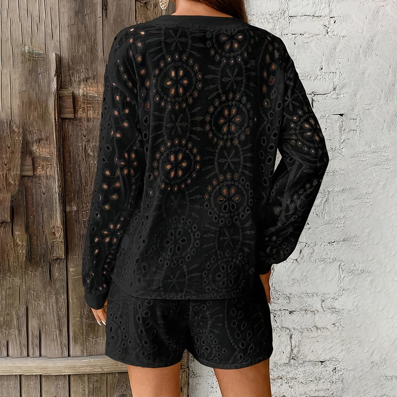 Women's Solid Color Elegant V-Neck Lace Long Sleeve Blouse & Shorts Set - Summer Casual Minimalist Outfit