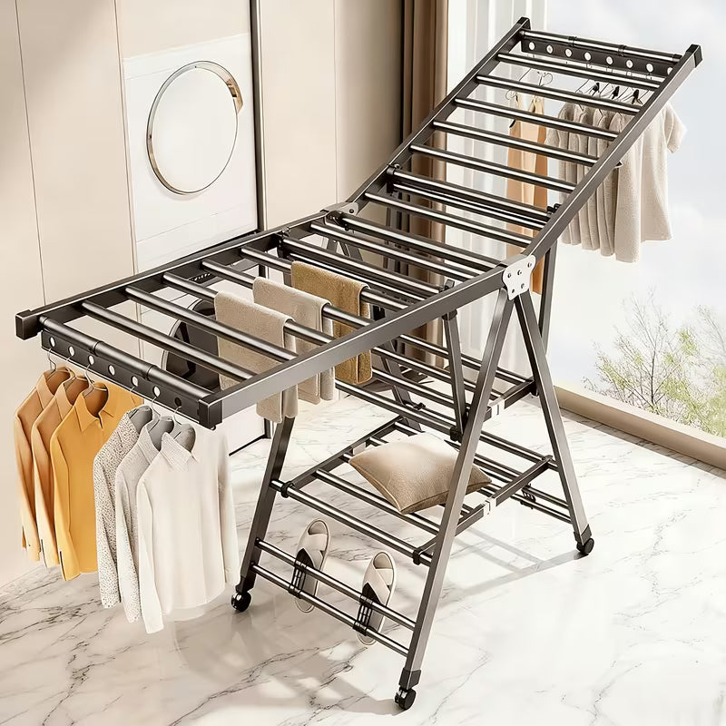 Foldable 3-Tier Clothes Drying Rack with Wheels and Shoe Rack