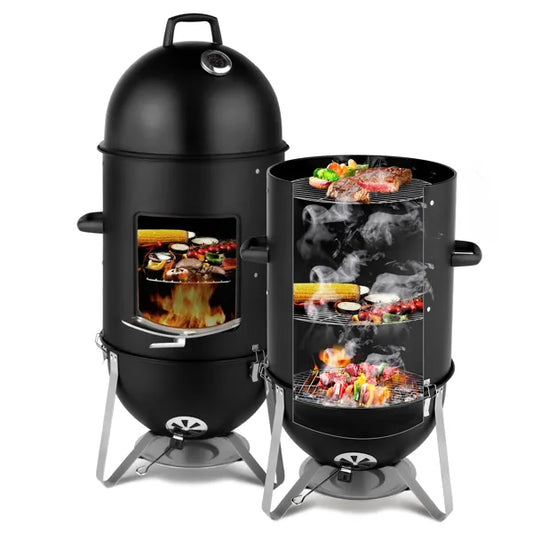 Vertical Steel Charcoal Smoker, Heavy Duty Three Layer Round BBQ Grill Smokey Mountain Cooker For Outdoor Cooking, Black(SAME AS 60608693)