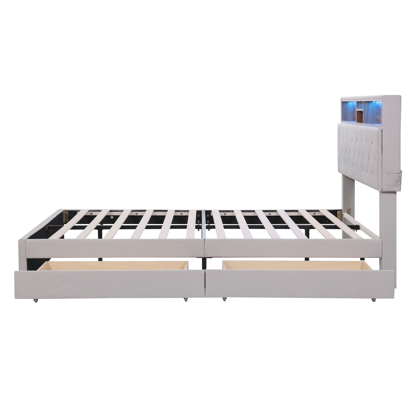 Queen Size Upholstered Platform Bed with Storage Headboard  LED  USB Charging and 2 Drawers  Beige