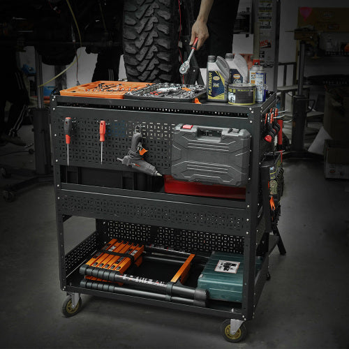 3-Tier DIY Detachable Utility Cart Storage Tool Cart With Steel Pegboard, Foldable Rolling Tool Cart With Wheels For Garage Organizer And Tool Storage