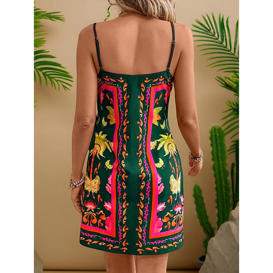 Women Spaghetti Strap Summer Dress V Neck Wrap Waist Tie Casual Beach Sundress Holiday Vacation Mini Dress