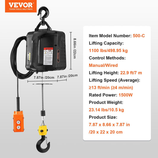 2-in-1 1100 Lbs Electric Hoist Winch, 1500W Portable Power Winch Crane, 22.9 Ft Lifting Height, With Wired Remote Control, For Garage, Warehouse, Factory Lifting Towing