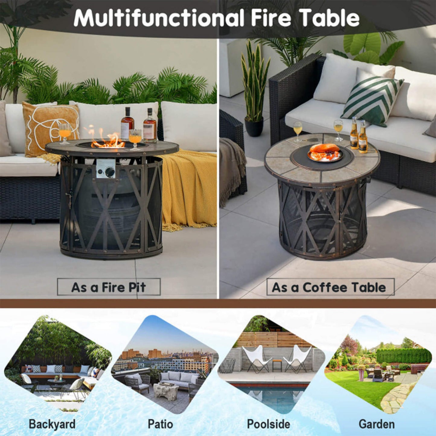 30K BTU Premium Outdoor Patio Gas Fire Pit Table With Fire Glass And Cover, 32" (SAK17432)
