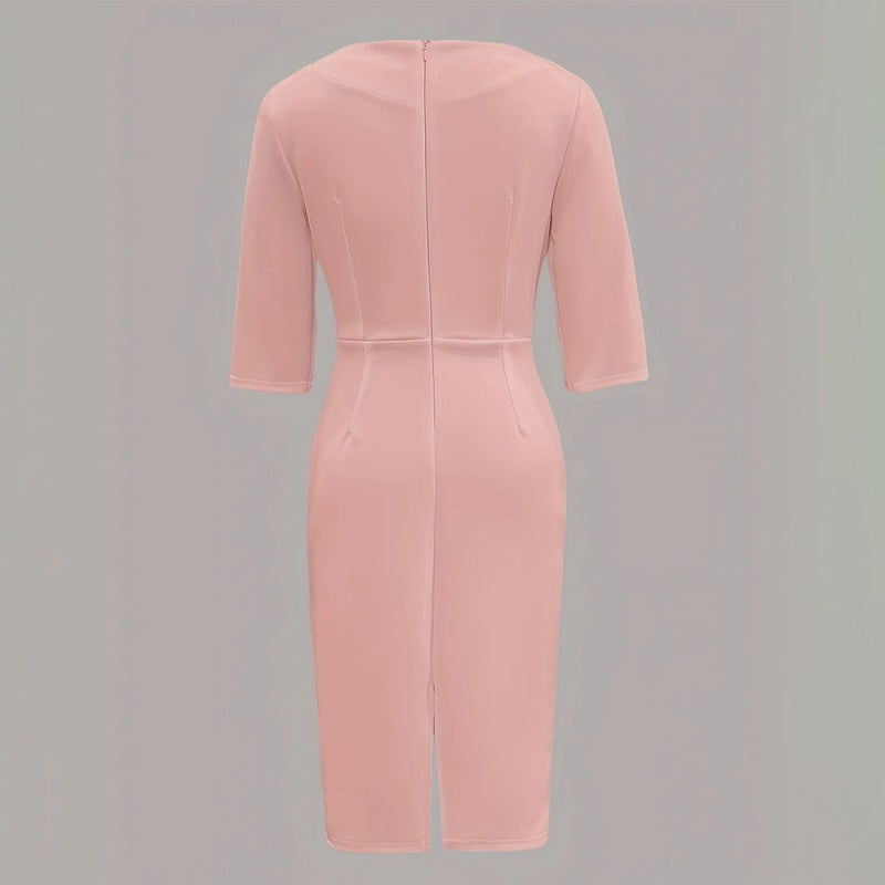 Women's Solid Color Pearl-Embellished Round Neck Dress - Elegant Back Zipper & Slit Sleeve Formal Dress