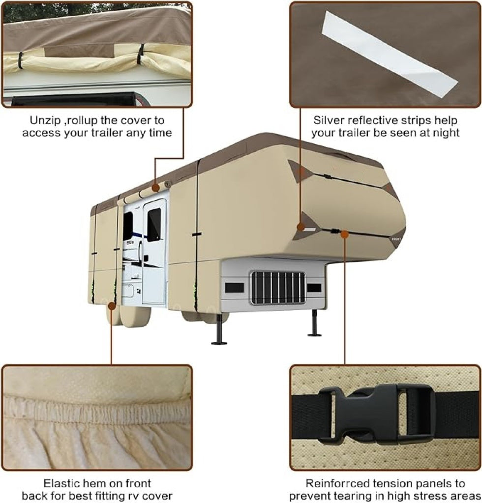 5th Wheel RV Cover Waterproof Camper Cover With 4 Trailer Tire Covers, Tongue Jack Cover, Gutter Cover And Extra Windproof Ropes, 7 Layers Top 3 Layers Side