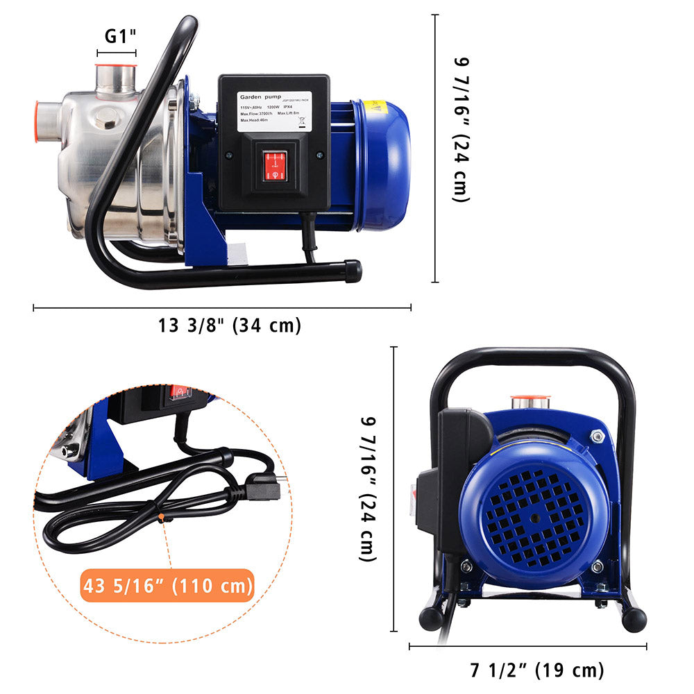 Water Pump Electric Irrigation Pump Stainless Steel 1.6HP 814gph