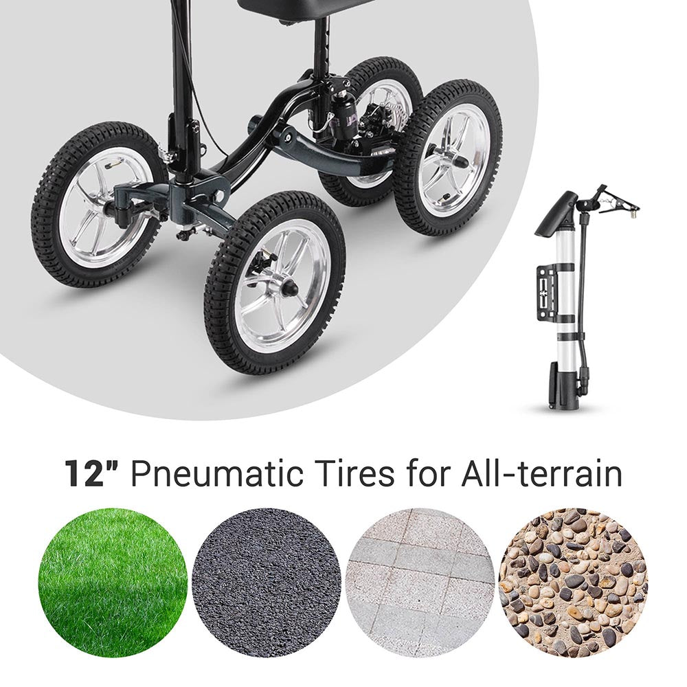 Folding All-Terrain Knee Walker Scooter Steerable Brake Basket Pump