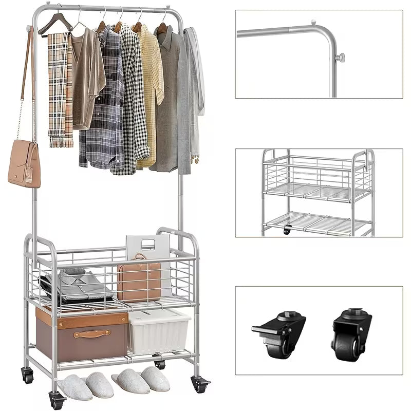 Metal Rolling Laundry Cart with Hanging Rack and Storage Shelf