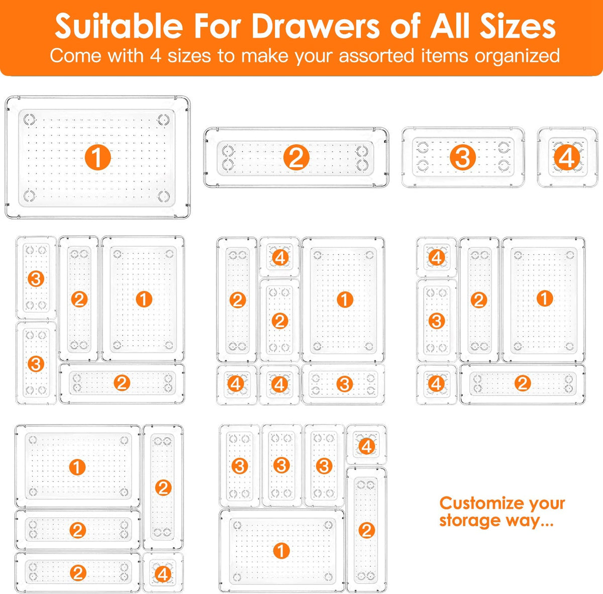 25-Piece Clear Drawer Organizer Set – 4 Sizes