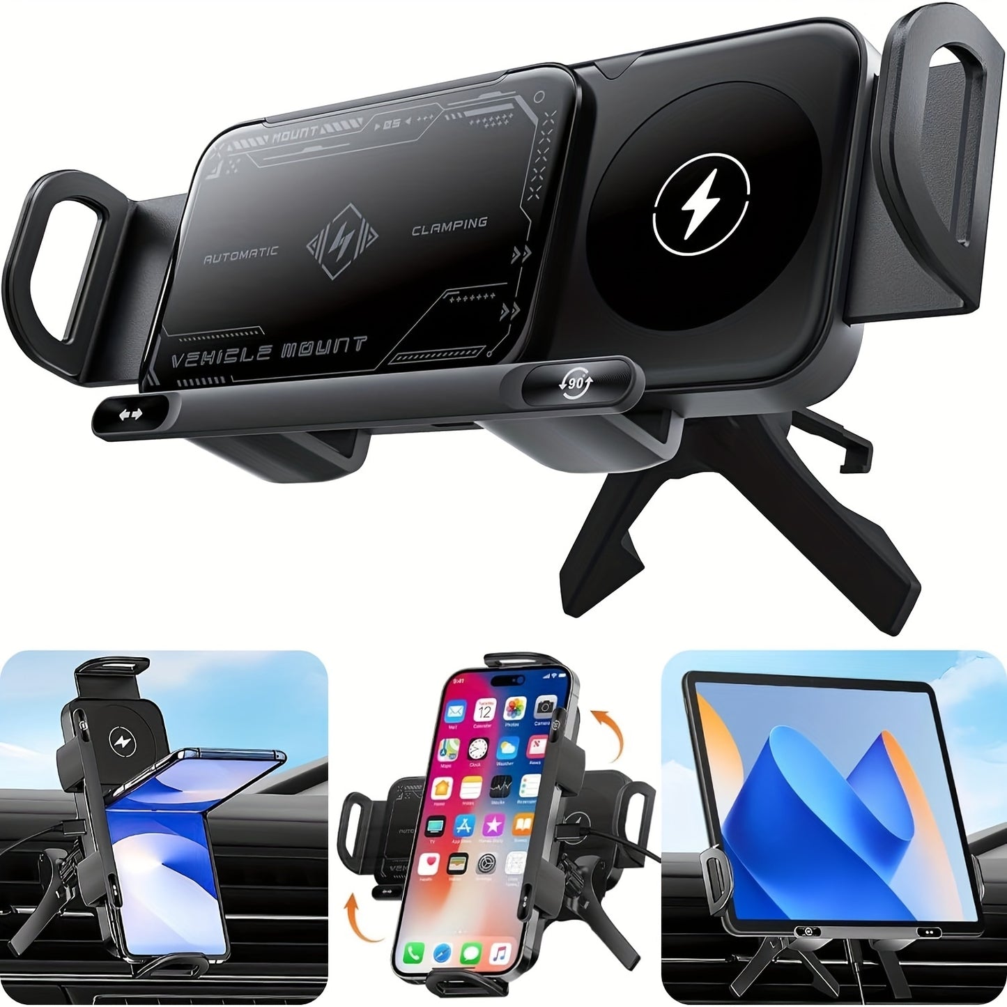 Car Universal Mobile Phone Holder 15W Wireless Fast Charging 2 In 1 Automatic Rotating Magnetic Mobile Phone Holder Car Air Outlet Holder, Automatic Clamping Automatic Rotating 90  Air Outlet Holder