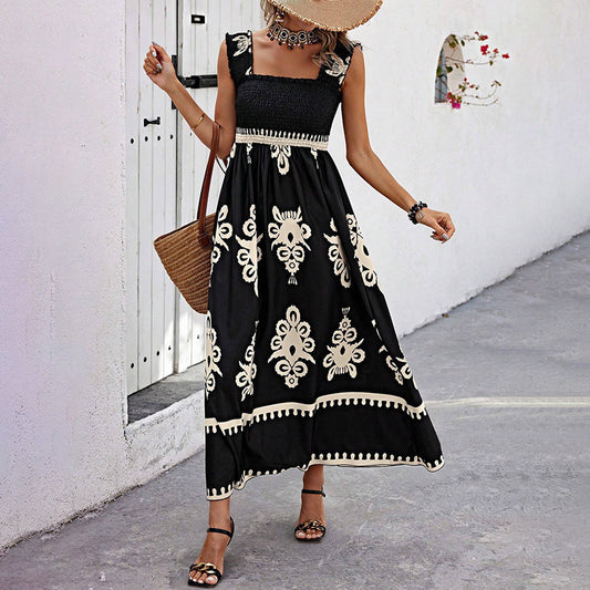 Women's Wide Strap Printed Maxi Dress With Bust Pleats, A-Line Vacation Dress