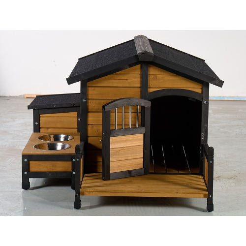 Large Wooden Dog House With Storage Box And Feeding Station, Outdoor Pet Kennel With Asphalt Roof, Porch, And Lockable Door  Weatherproof Fir Wood Dog Home For Small To Medium Dogs