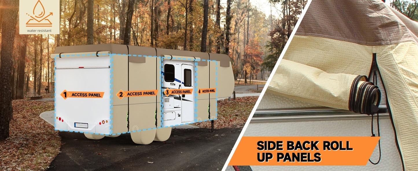 5th Wheel RV Cover Waterproof Camper Cover With 4 Trailer Tire Covers, Tongue Jack Cover, Gutter Cover And Extra Windproof Ropes, 7 Layers Top 3 Layers Side