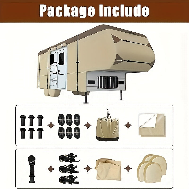 5th Wheel RV Cover Waterproof Camper Cover With 4 Trailer Tire Covers, Tongue Jack Cover, Gutter Cover And Extra Windproof Ropes, 7 Layers Top 3 Layers Side