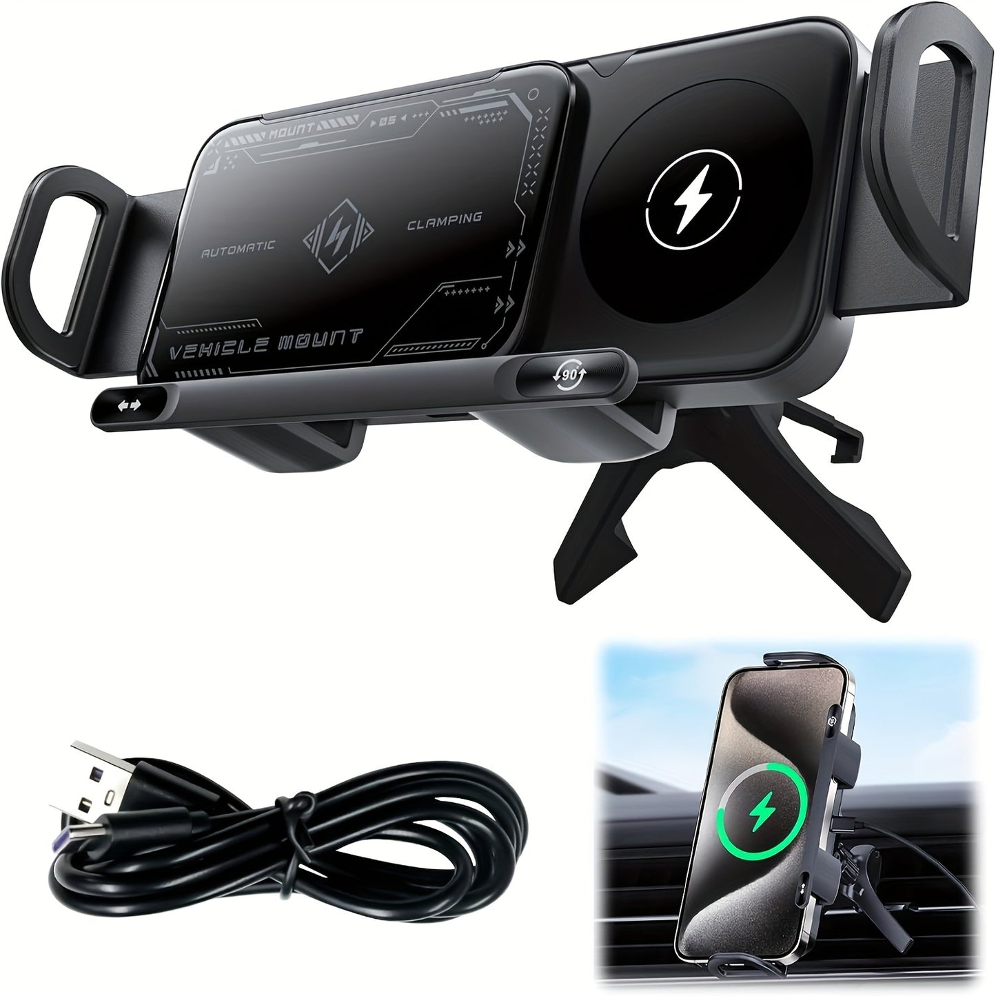 Car Universal Mobile Phone Holder 15W Wireless Fast Charging 2 In 1 Automatic Rotating Magnetic Mobile Phone Holder Car Air Outlet Holder, Automatic Clamping Automatic Rotating 90  Air Outlet Holder