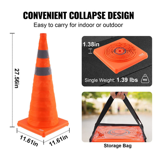 Safety Cones, 4 Pack 28 Inch Collapsible Traffic Cones, Construction Cones With Reflective Collars, Wide Base And A Storage Bag, For Traffic Control, Driving Training, Parking Lots